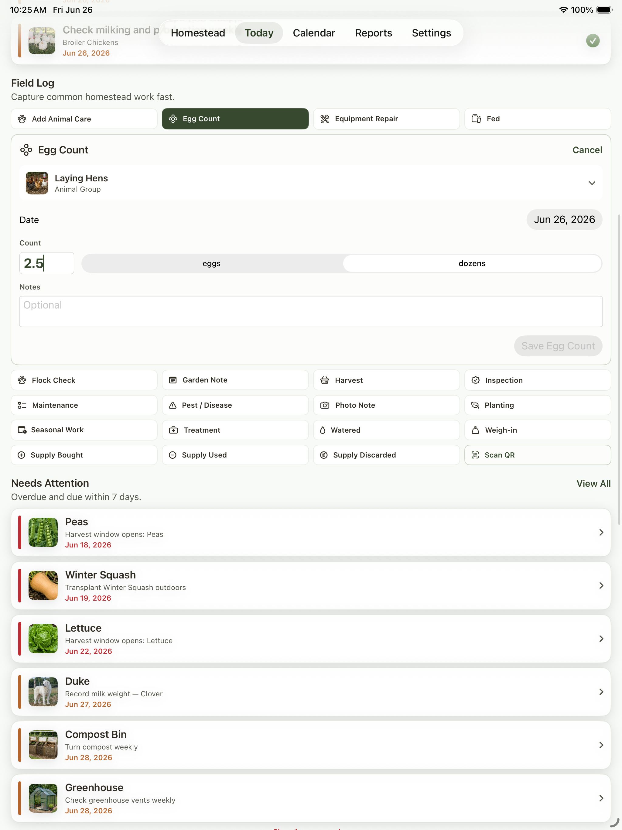 Today screen showing Field Log action buttons for different homestead record types.